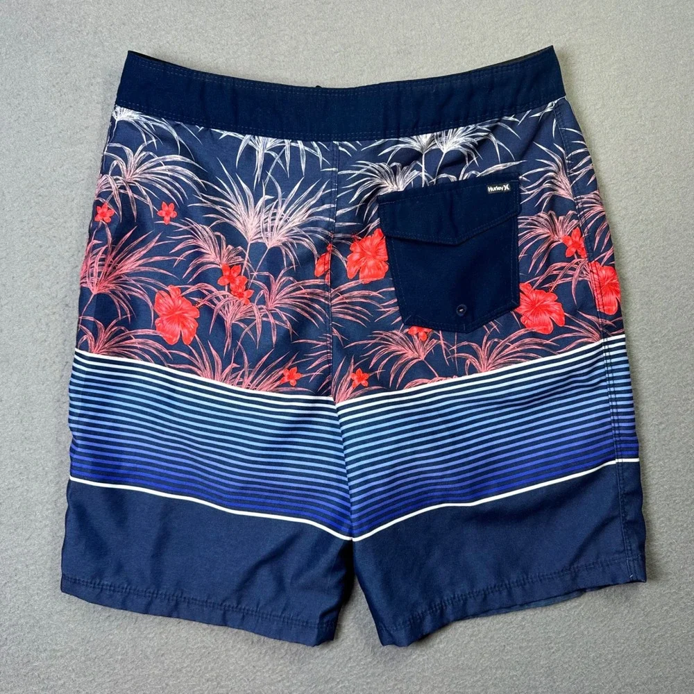 Hurley Boys Board Shorts Tropical Floral Striped Swim Trunks Size 14/27 Blue Red